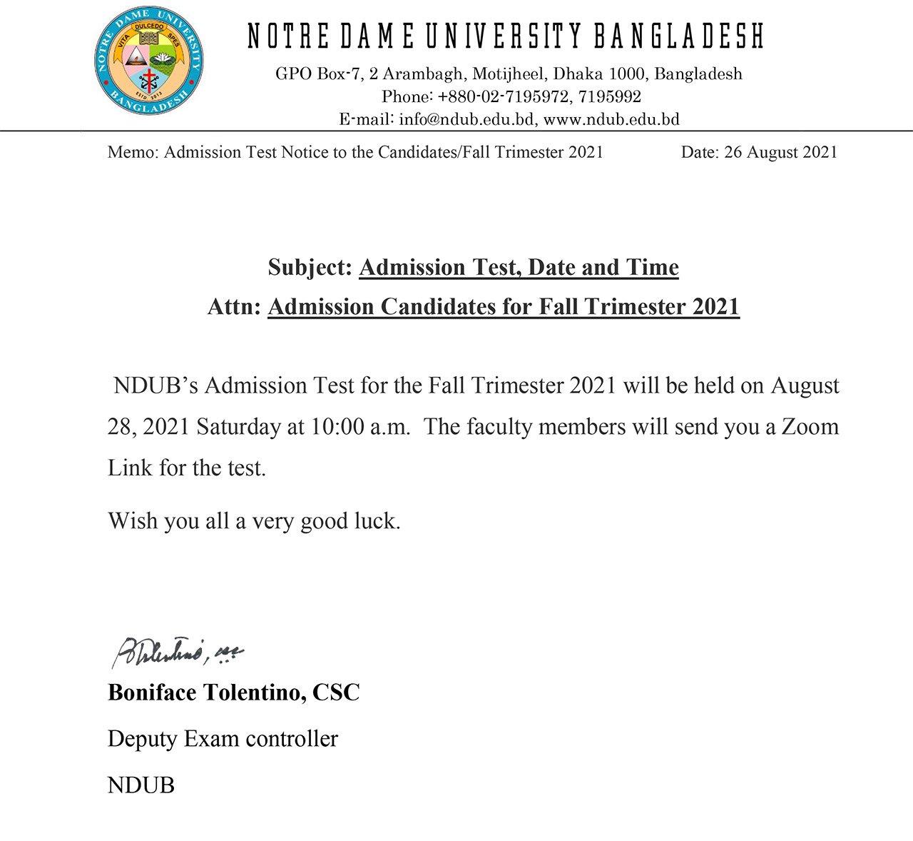 Admission Test, Date and Time - Notre Dame University Bangladesh