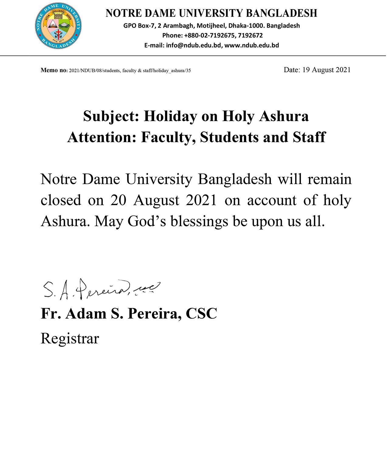 Holiday on Holy Ashura Notre Dame University Bangladesh