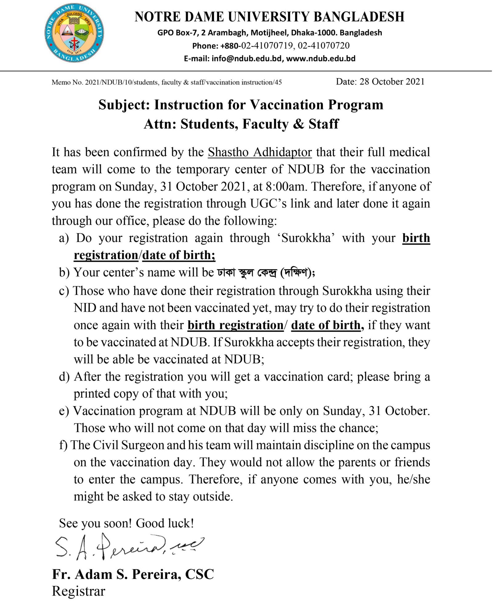 Instruction For Vaccination Program - Notre Dame University Bangladesh