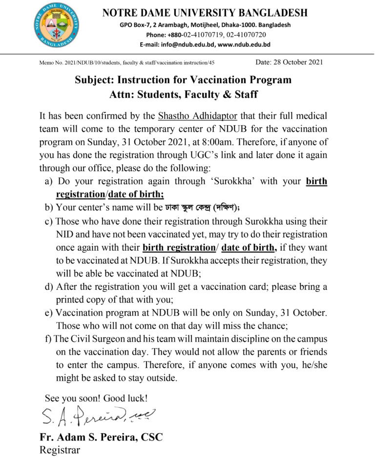 Instruction for Vaccination Program - Notre Dame University Bangladesh