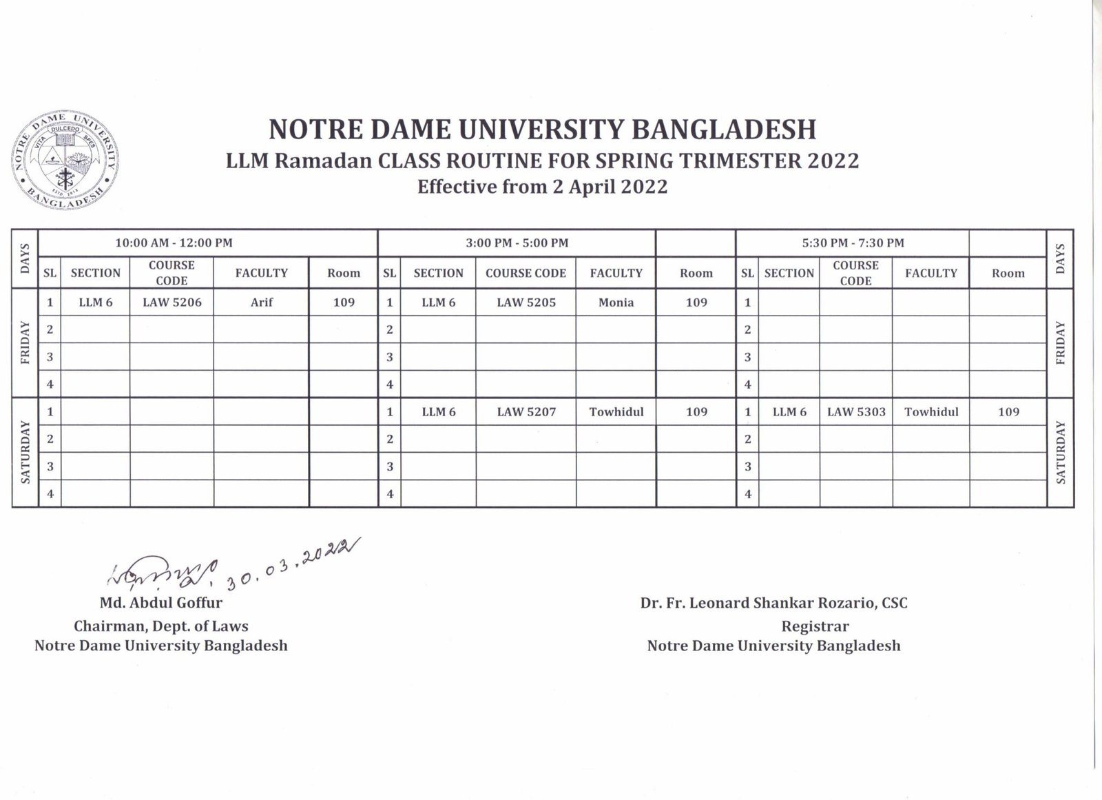 LLM Ramadan Routine for Spring 2022 - Notre Dame University Bangladesh LLM Ramadan Routine for Spring 2022 - Notre Dame University Bangladesh