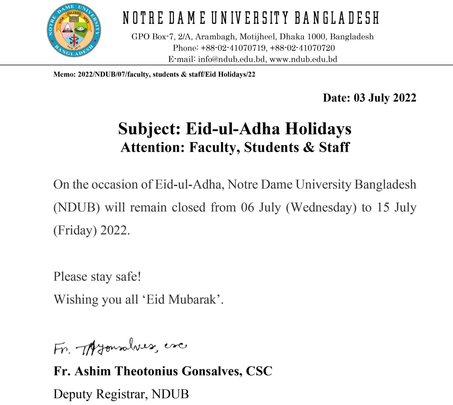 EidulAdha Holidays Notre Dame University Bangladesh