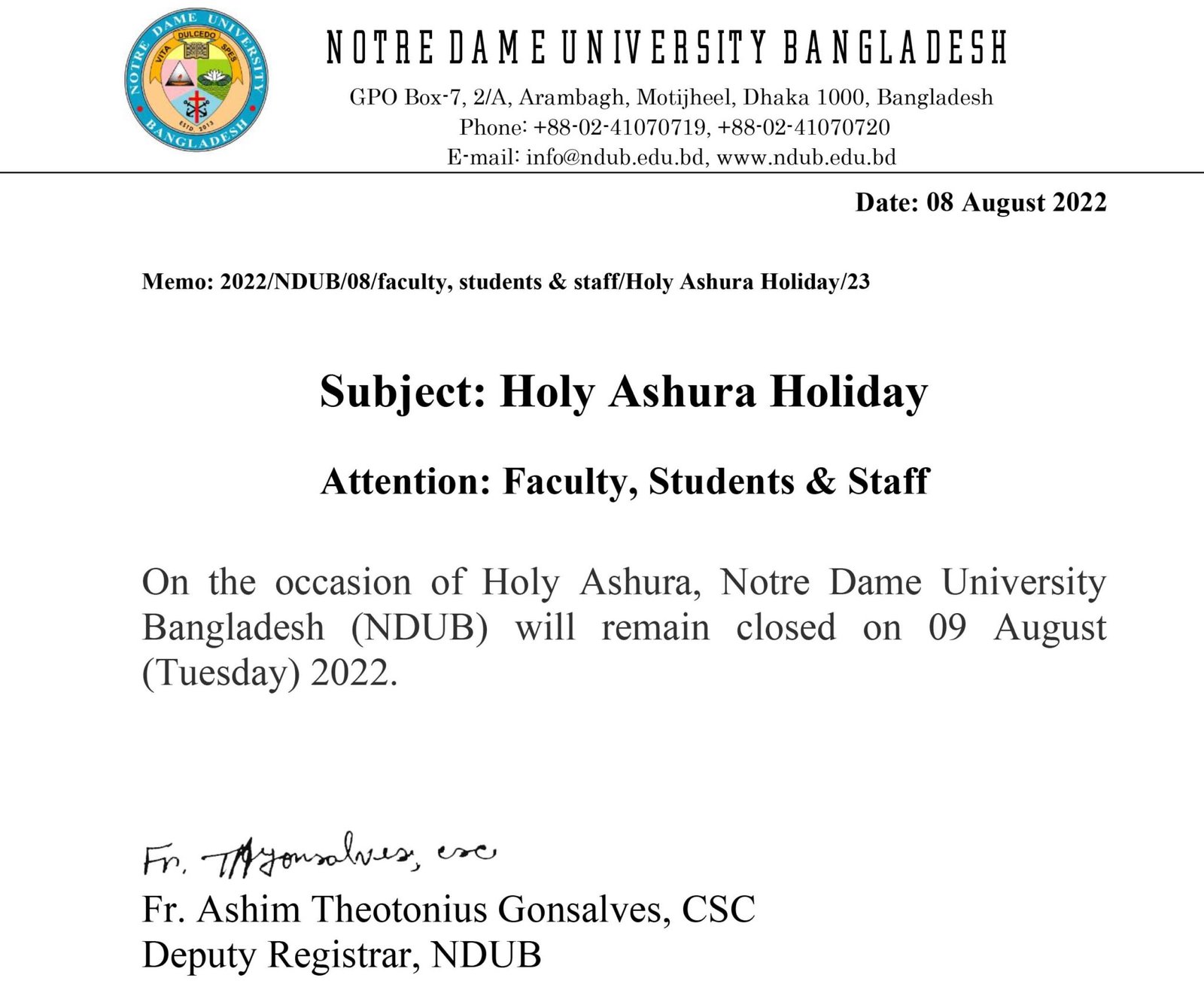 Holy Ashura Holiday Notre Dame University Bangladesh