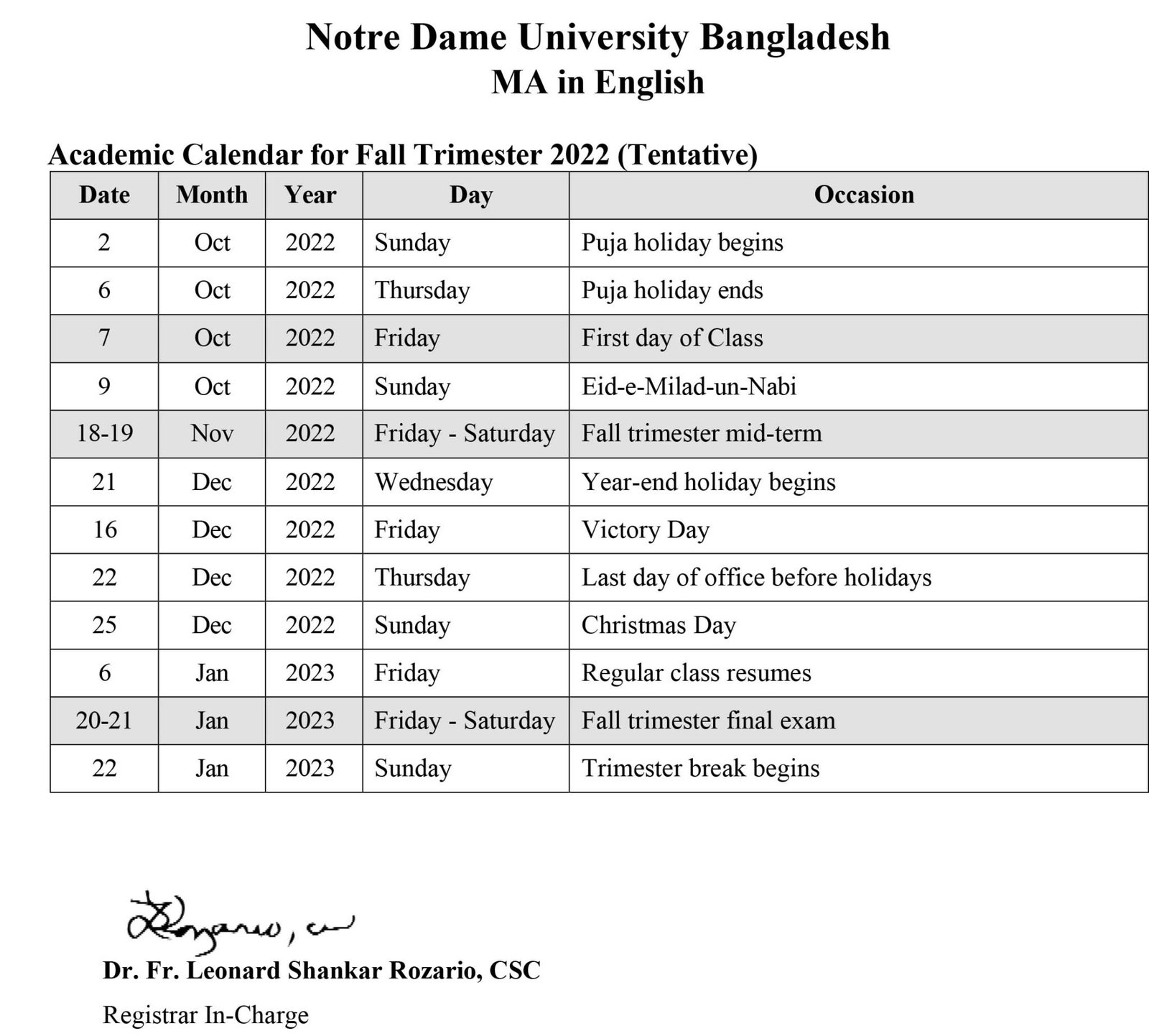 Academic Calendar MA in English, Fall 2022 Notre Dame University