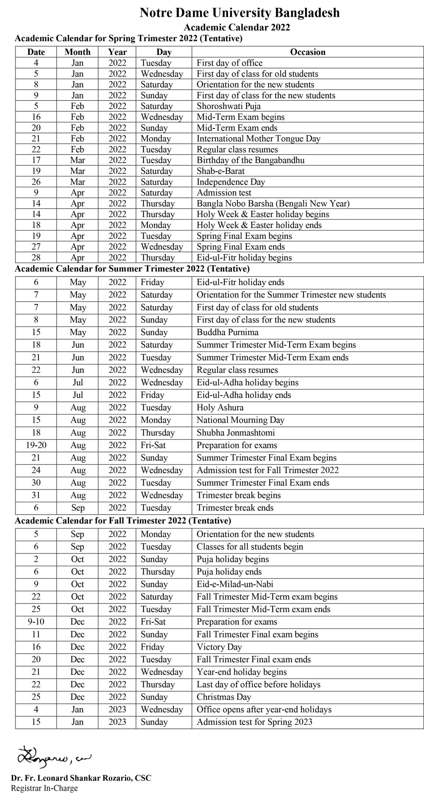 Tentative Academic Calendar, Fall2022 Notre Dame University Bangladesh