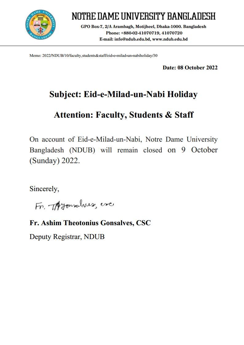 EideMiladunNabi Holiday Notre Dame University Bangladesh