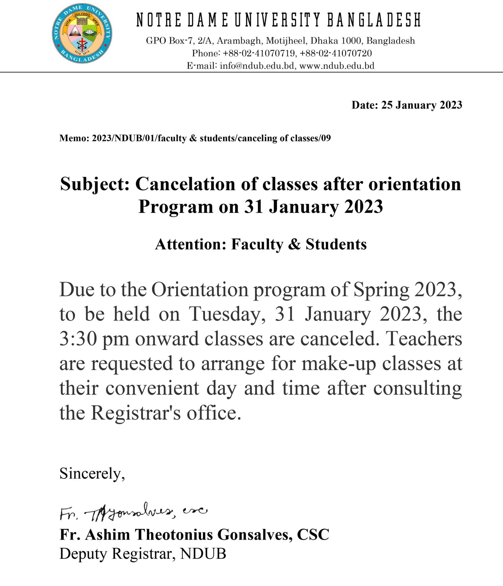 Cancelation of classes after the orientation Program on 31 January 2023 