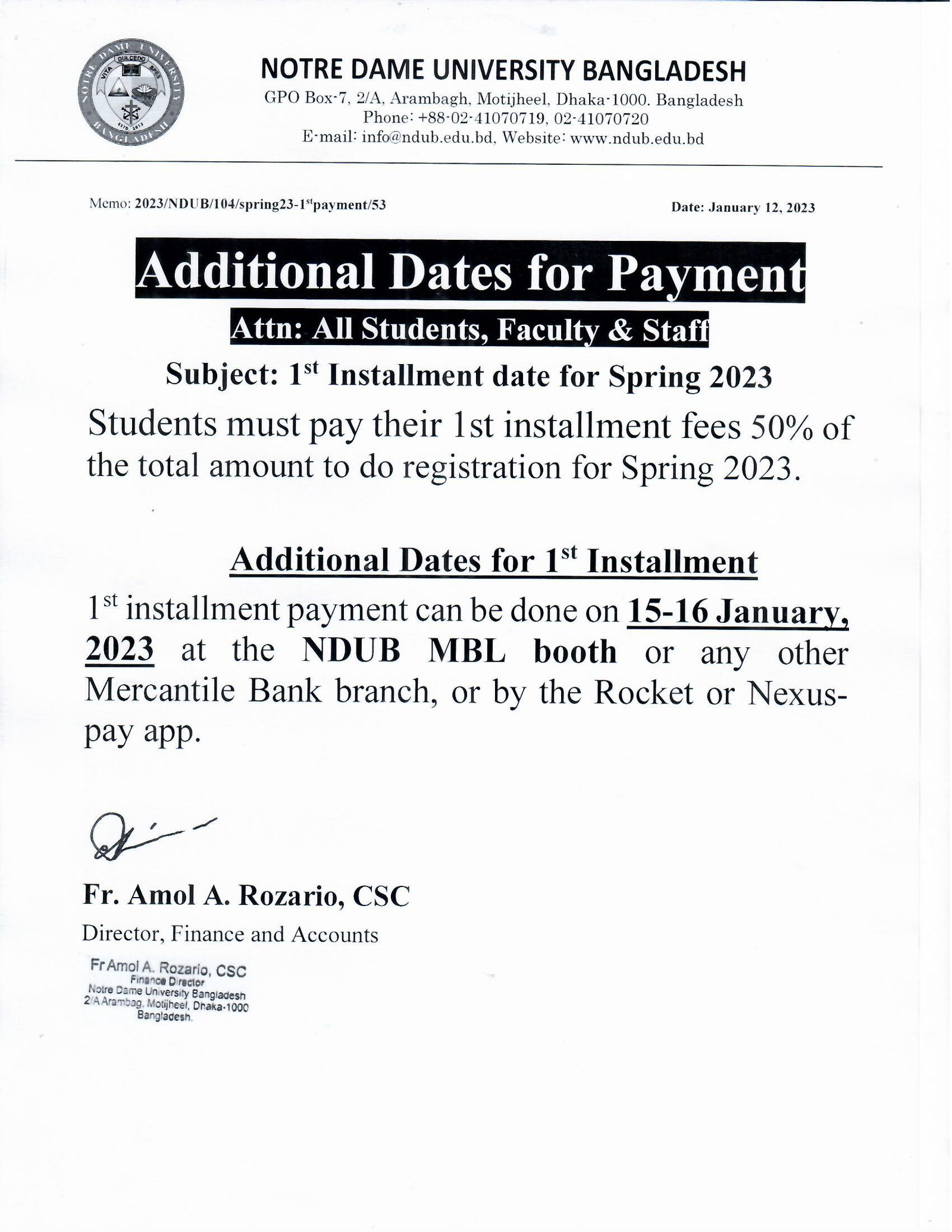 Additional Dates for Payment - Notre Dame University Bangladesh