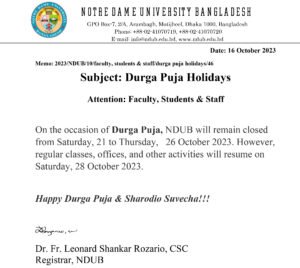 Durga Puja Holidays - Notre Dame University Bangladesh