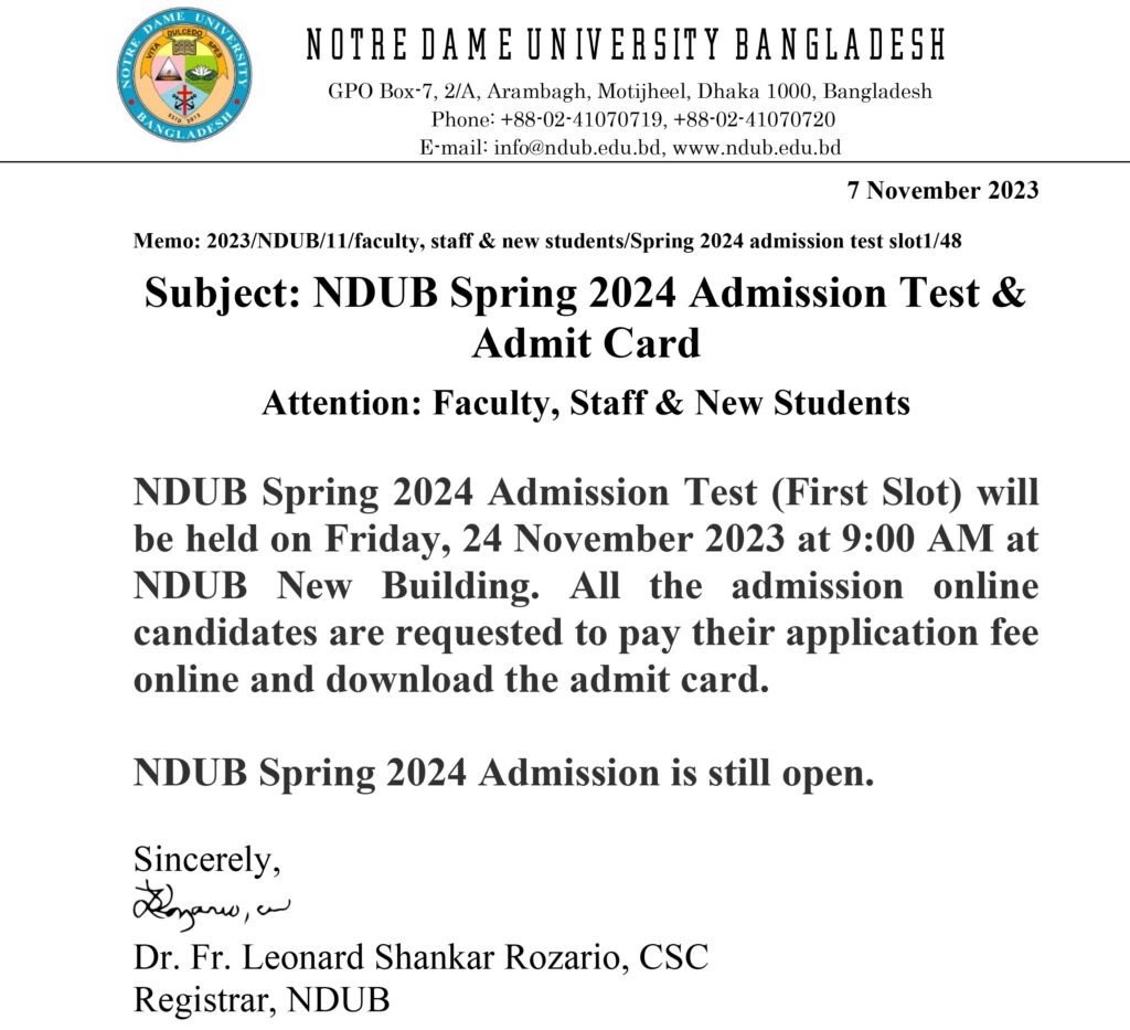 NDUB Spring 2024 Admission Test & Admit Card Notre Dame University