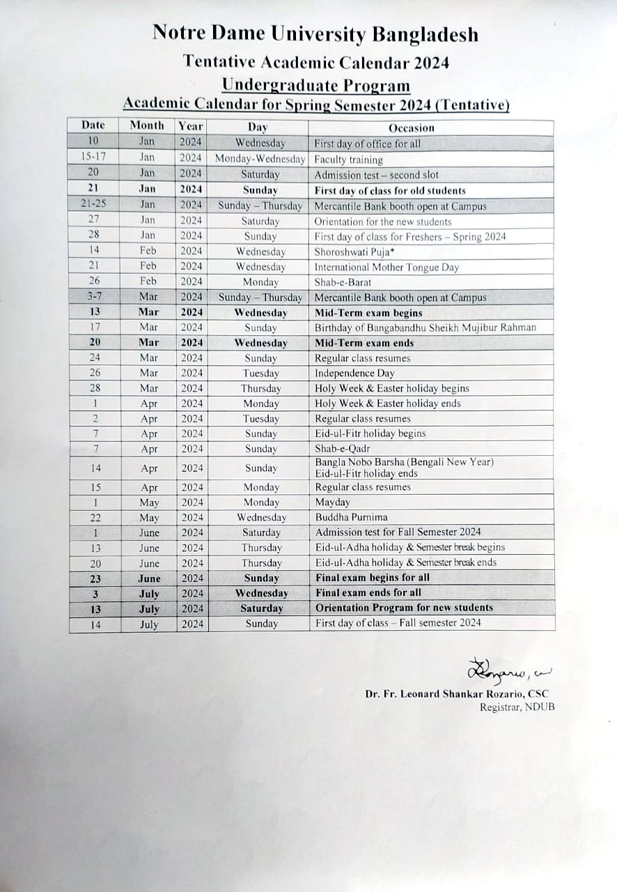Academic Calendar, Spring2024 Notre Dame University Bangladesh