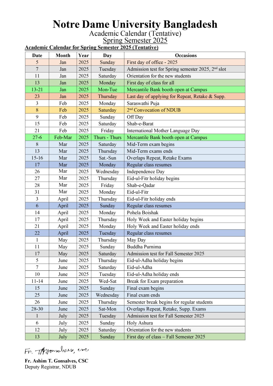 Academic Calendar 2025 (Tentative) Notre Dame University Bangladesh