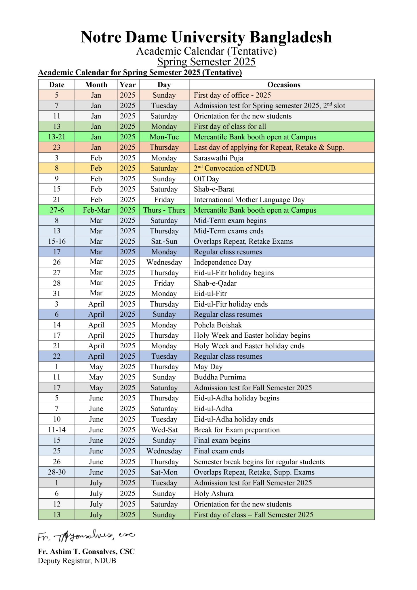 Academic Calendar 2025 (Tentative) Notre Dame University Bangladesh