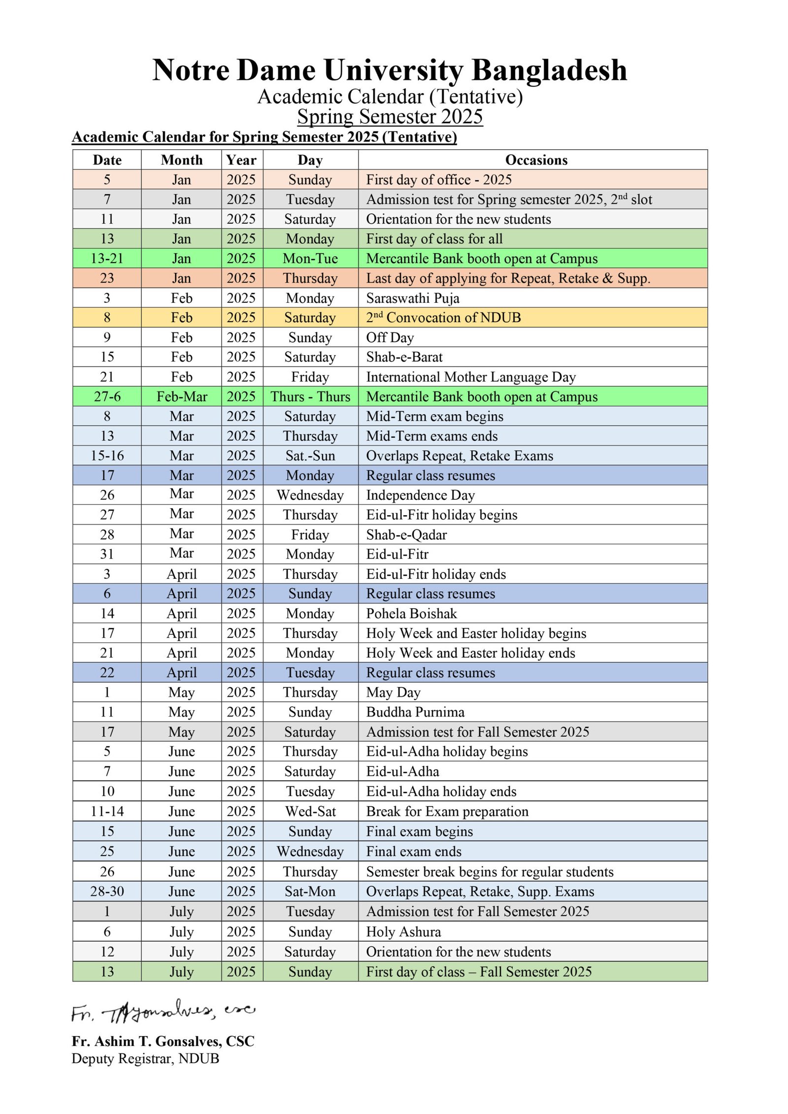 Academic Calendar 2025 (Tentative) Notre Dame University Bangladesh