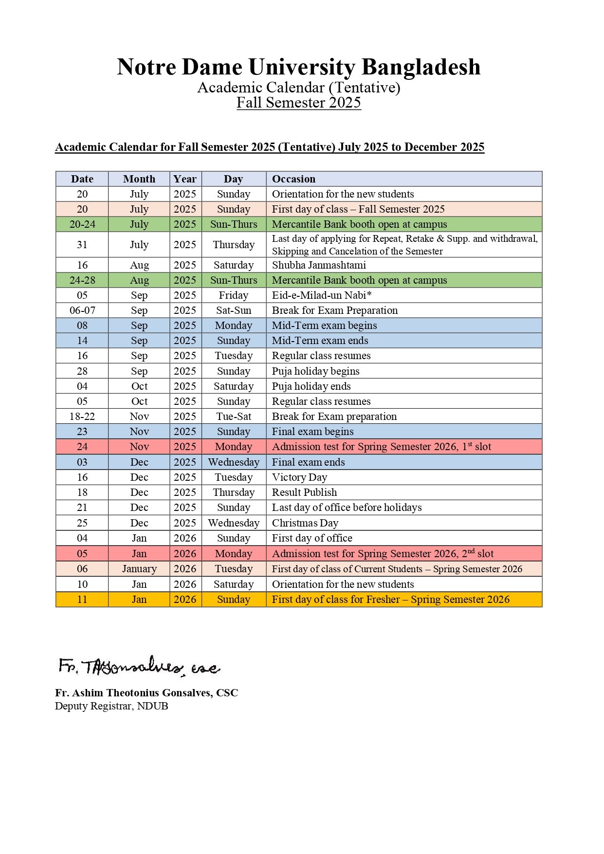 Academic Calendar, Fall 2025 - Notre Dame University Bangladesh