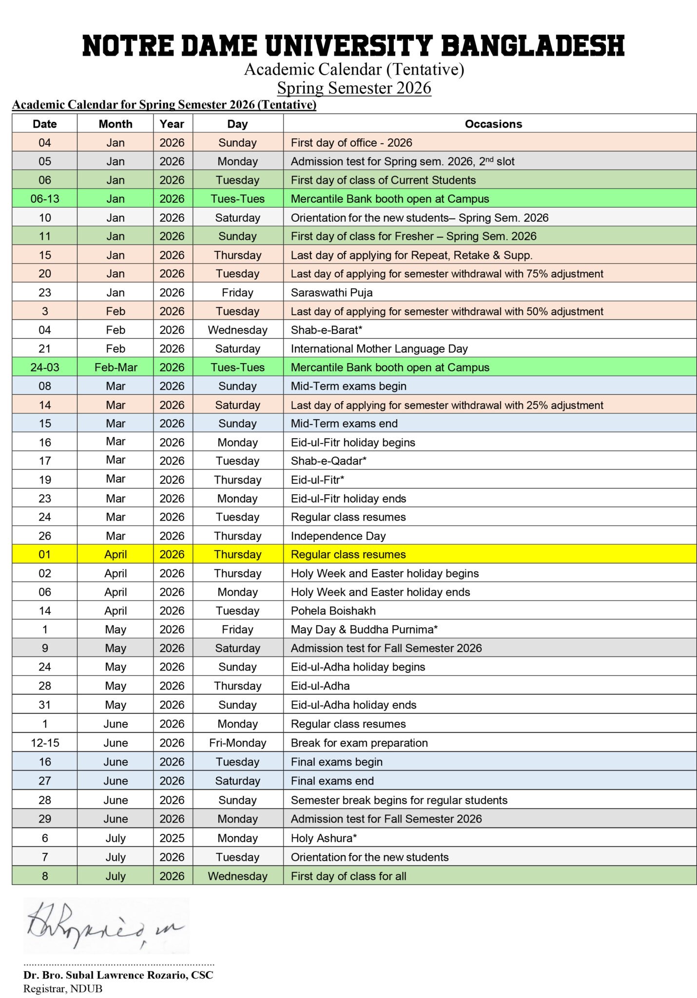 Academic Calendar 2026 - Notre Dame University Bangladesh