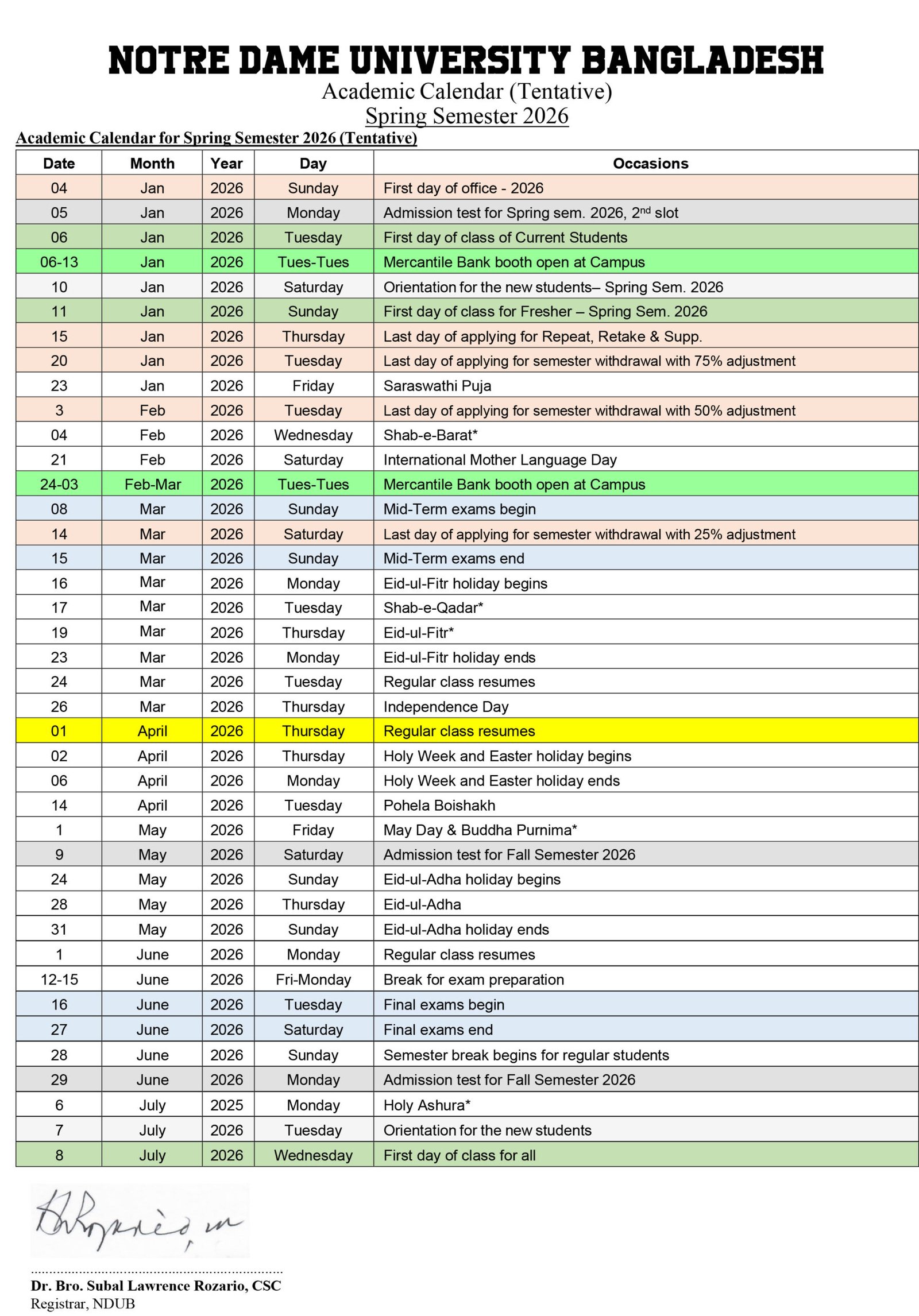 Academic Calendar 2026 - Notre Dame University Bangladesh