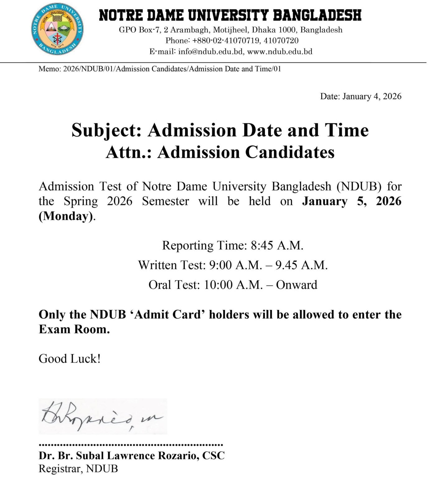Admission Date and Time - Notre Dame University Bangladesh